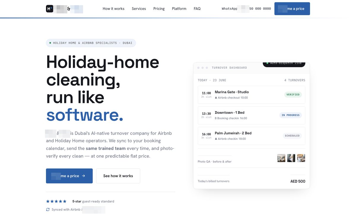 Home del sito di un'impresa di pulizie holiday home con l'app in evidenza